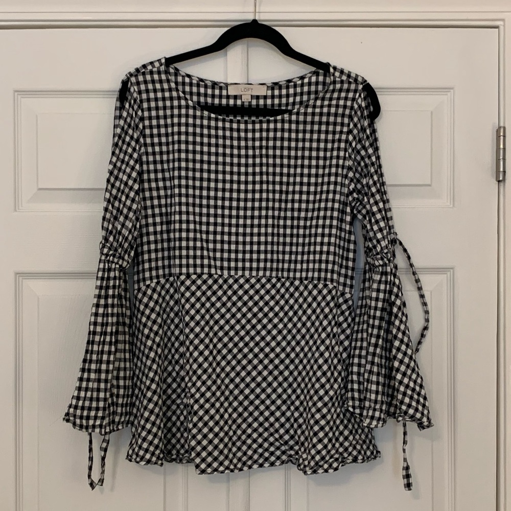 LOFT M Gingham Black and White Check Long Sleeve Top